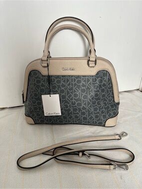 Calvin Klein Gray Logo Dome Satchel with Beige Trim